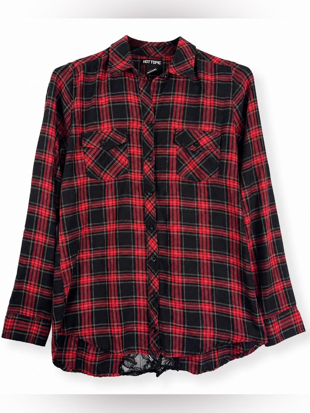 Hot Topic Black Red Plaid Lace Back Button Up Shirt M Punk Grunge